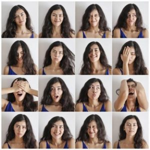 collage of 16 photos showing different emotions on one young woman's face