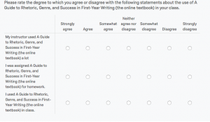 A likert-scale survey asking to rate this textbook