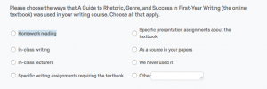 An example of a close-ended survey about the ways this online book was used in writing courses.