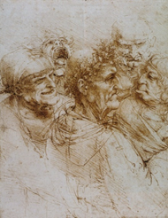 brown drawing of men with various facial expressions