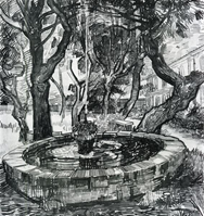 drawing of a fountain and trees