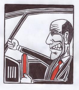 Drawing of a man in car looking upset