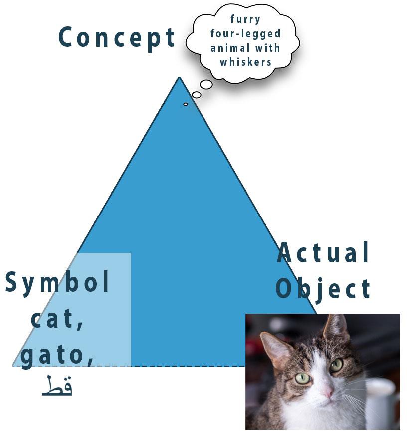 Top, concept (four-legged animal with whiskers); at bottom left, symbol (cat, gato); right, actual object (cat photo).