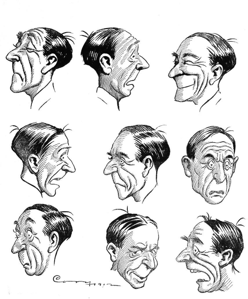 A drawing full of different facial expressions.