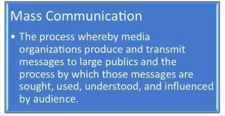Mass Communication - The process whereby media organizations produce and transmit messages to large publics and the process by which those messages are sought, used, understood, and influences by audience.