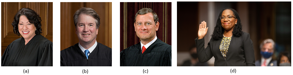 Image A is of Justice Sonia Sotomayor. Image B is of Justice Brett Kavanaugh. Image C is of Justice John Roberts. Image D is of Judge Jackson.