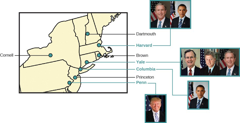 A chart showing an inset of the east coast of the United States with the locations of the seven Ivy League universities labeled: