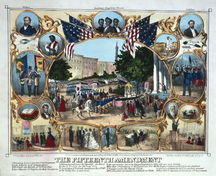A print from 1870 that shows several scenes of African Americans participating in everyday activities. Under the scenes is the text
