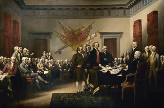 Painting depicts the signing of the Declaration of Independence.