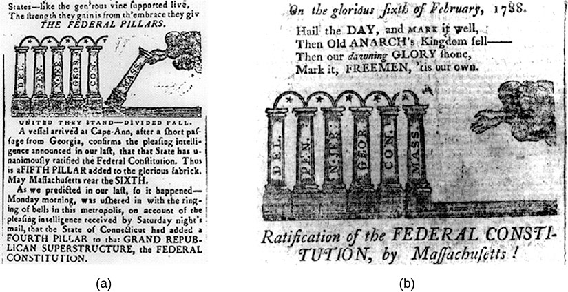 Image a shows a newspaper illustration showing five pillars standing upright representing Delaware, Pennsylvania, New Jersey, Georgia and Connecticut. A sixth pillar representing Massachusetts is broken apart from the others and falling over. Image b shows a similar newspaper illustration showing the six pillars all standing upright.