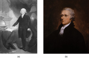 An engraving depicts James Madison. A painting depicts Alexander Hamilton.