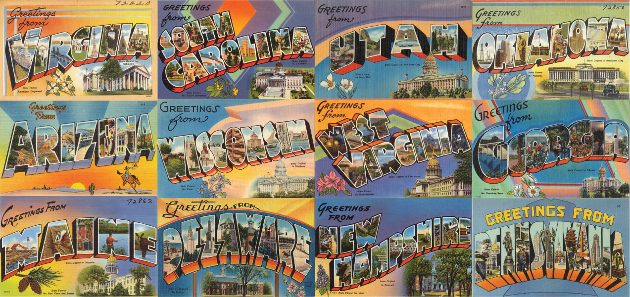 A series of postcards from different states