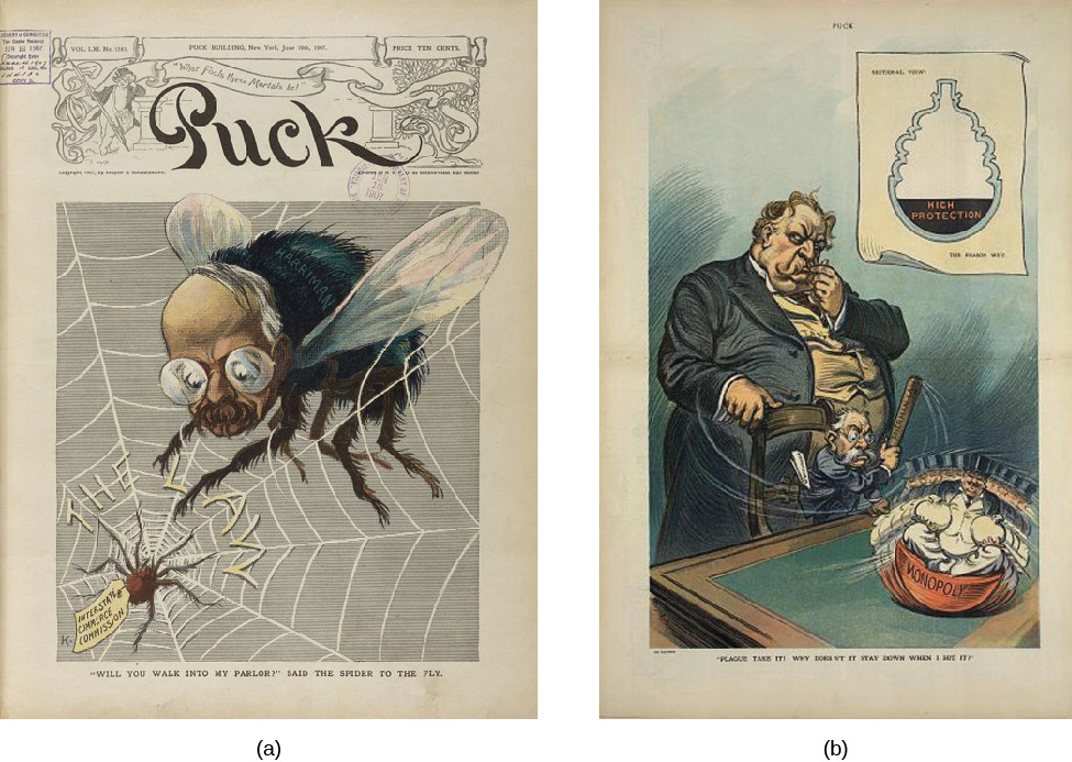 Image A is an illustration of a large fly with a man’s face. Image B is an illustration of a man beating a monopoly.