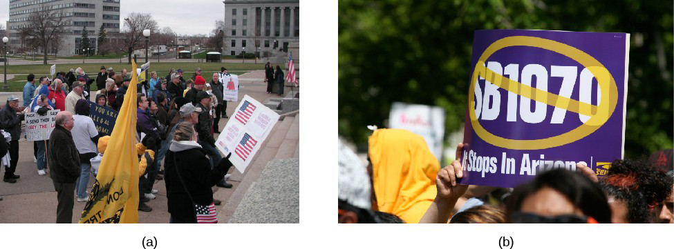 Image A shows a group of people with signs and flags. Image B shows a sign held above a crowd.