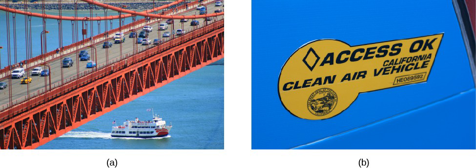 Image A shows the Golden Gate bridge with a moderate amount of traffic. Image B shows a sticker on a car.