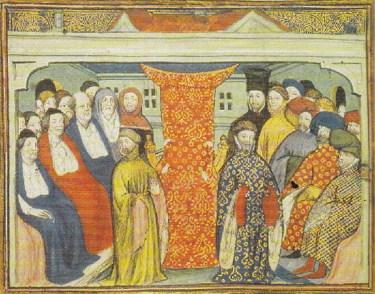 illustration from a 12th century manuscript showing Henry IV in the center right as he claims the throne of England.