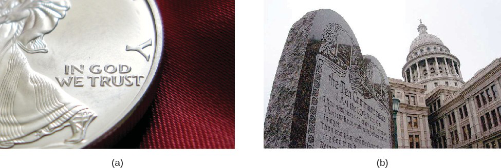 Photo A is of a close up of an U.S. coin. Photo B shows the ten commandments.