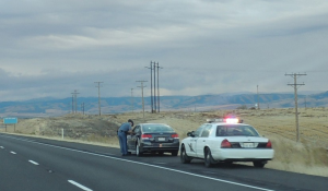 Two cars on the side of a paved road. One car is a police car and has flashing lights on top. In front of the police car is another vehicle. An officer stands by the side of that vehicle.