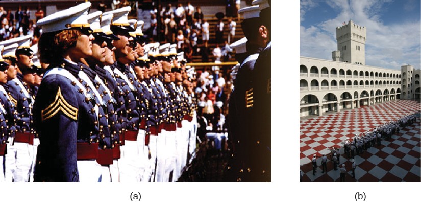A: Group of cadets standing in rows. B: Building with one high tower and several archways