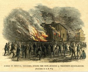 Sketch of a building on fire. Several people are standing outside the building.