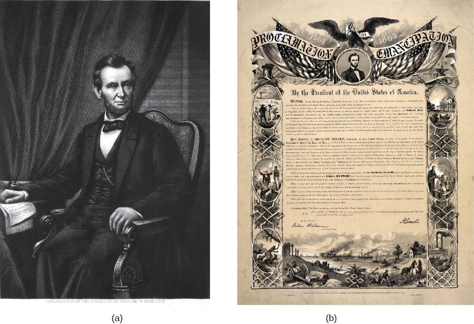 Image A is of Abraham Lincoln sitting in a chair. Image B is the Emancipation Proclamation.