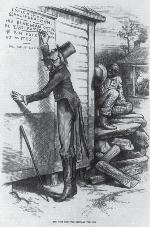 Cartoon with a person dressed in a top hat and a coat with tails writing on the wall.