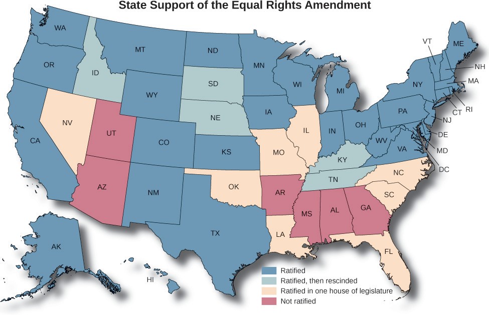 graphic of united states with states color-coded showing support of the Equal Rights Amendment.