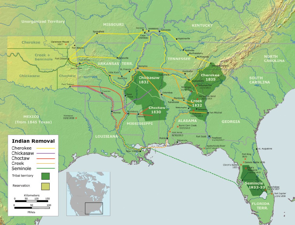 Map of the United States showing the southeast quarter of the country. On the map the paths of Indian Removal are shown.