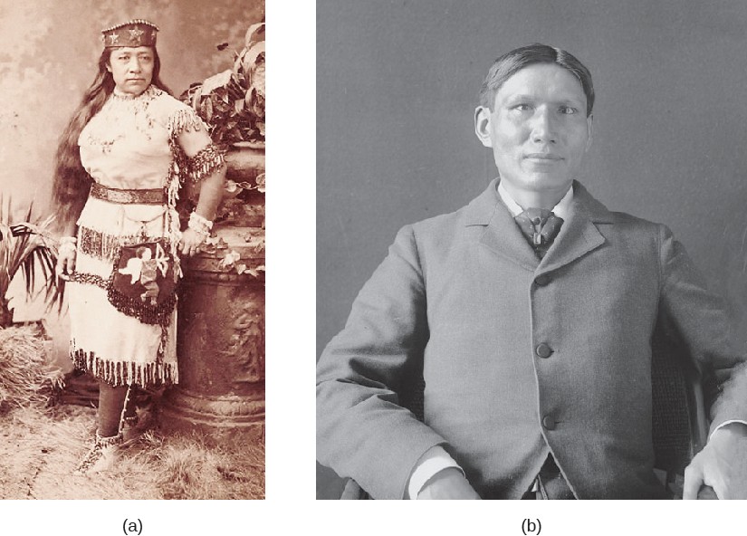 Image A is of Sarah Winnemucca wearing traditional Paiute clothing. Image B is of Charles Eastman wearing a suit.