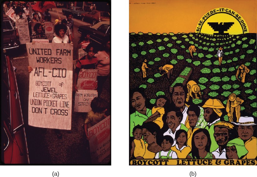 Image A is of a group of people carrying signs. Image B is a boycott sign.