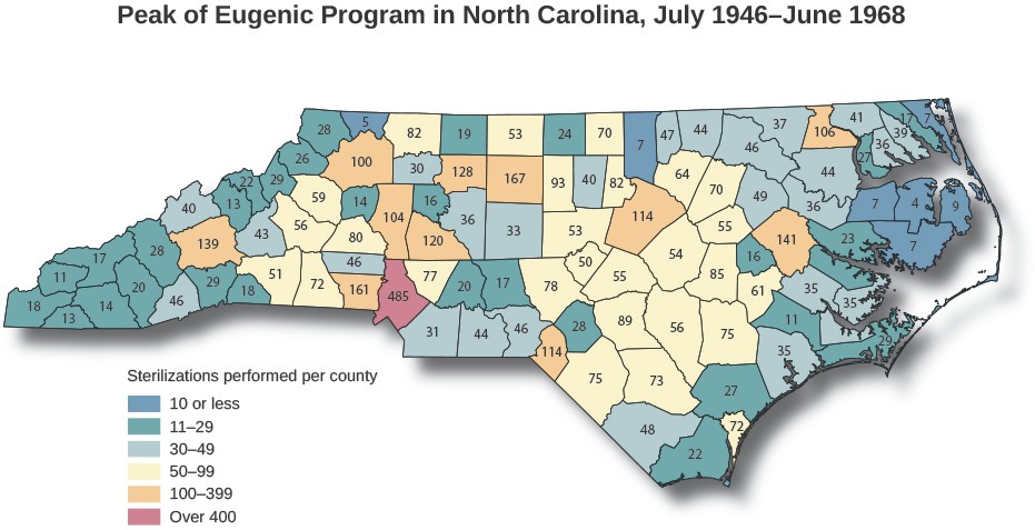 A map of North Carolina detailing number of sterilizations that took place.