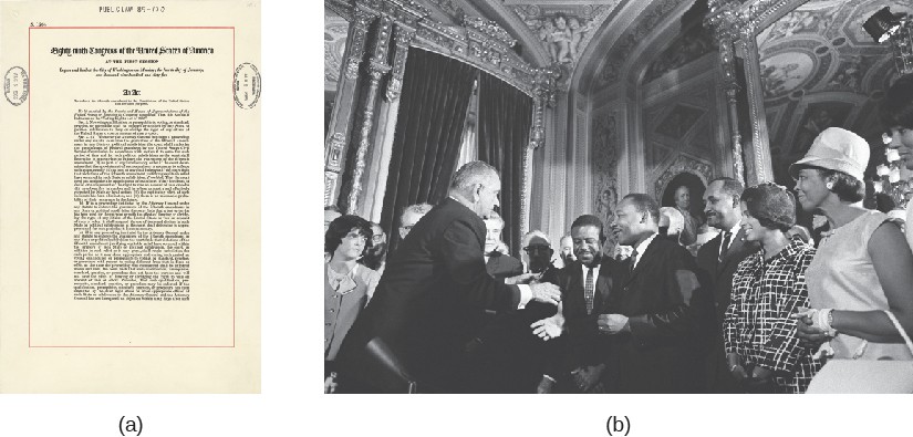 Image A is an official document. Image B is of a group of people, including Lyndon B. John, Martin Luther King Jr., and Rosa Parks.