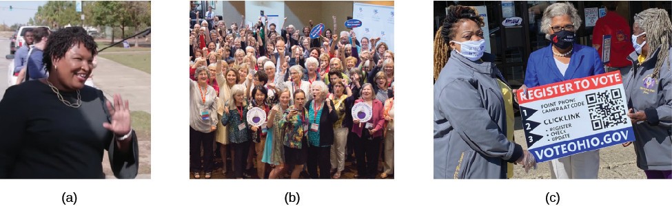 Image A is Stacey Abrams. Image B shows a group of women attending a League of Women Voters of California event. Image C is Congresswoman Joyce Beatty in the center alongside two individuals holding a register to vote sign.