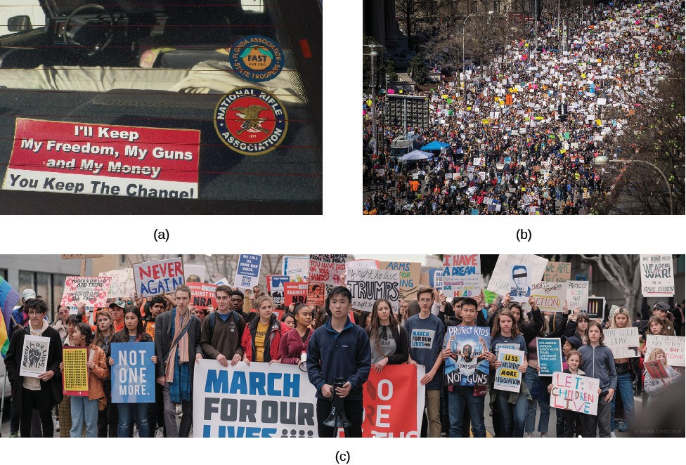 Image A is of the back window of a truck. Image B is a large crowd. Image C are protestors holding signs.
