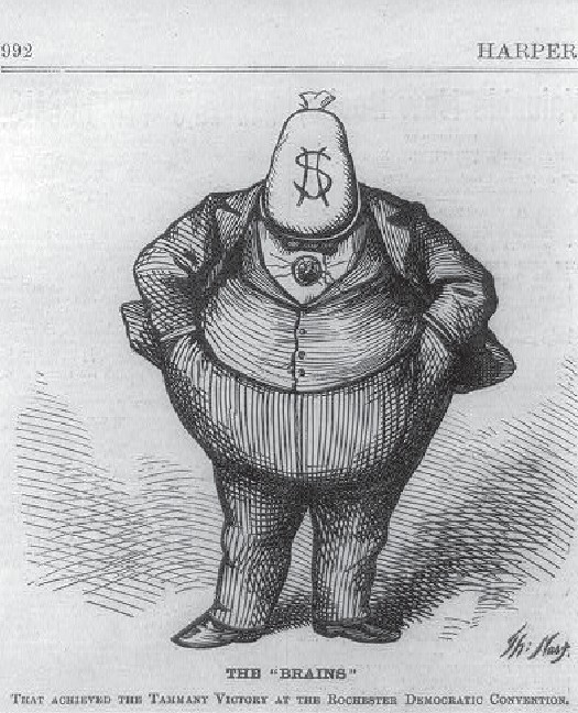 Corpulent cartoon figure wearing a suit, hands in pockets, with a bag of money instead of a head.