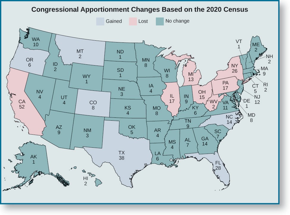 Map showing congressional apportionment changes.