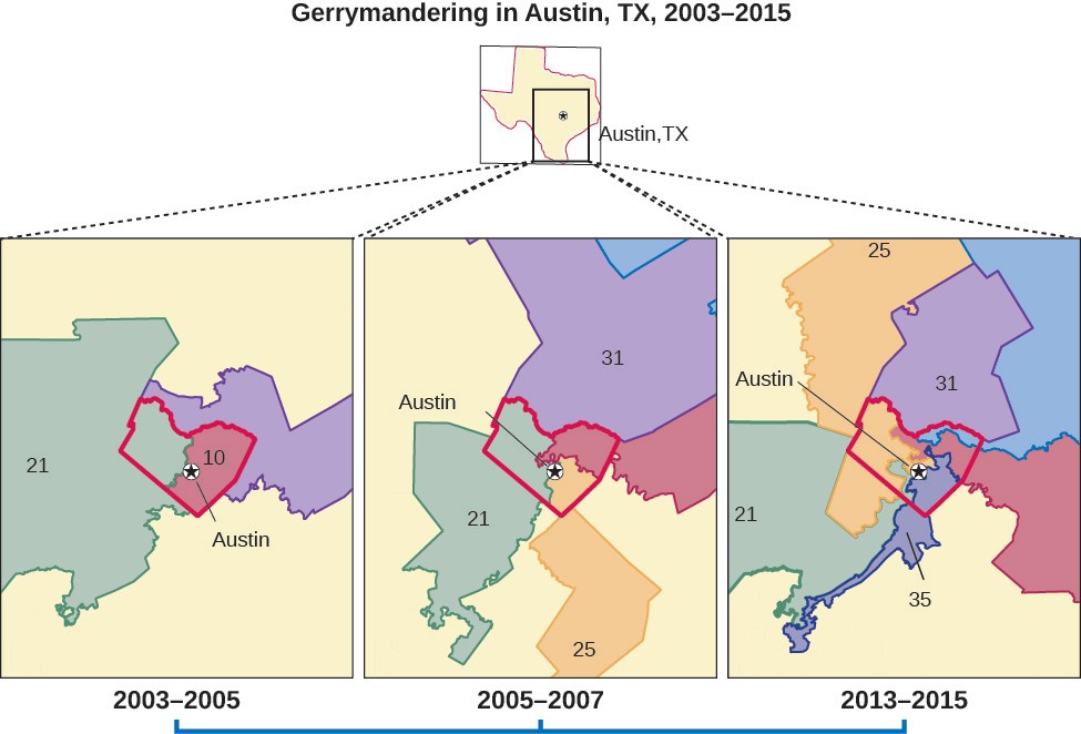 Maps highlighting gerrymandering in Austin, Texas.