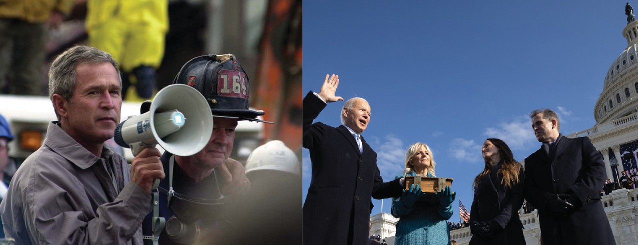 The Image on the left shows President George W. Bush holding a megaphone. The image on the right shows President Joe Biden with his right hand raised, standing next to his family, being sworn in as President.