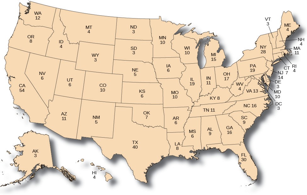 A map of the United States showing the number of Electoral College votes granted to each state.