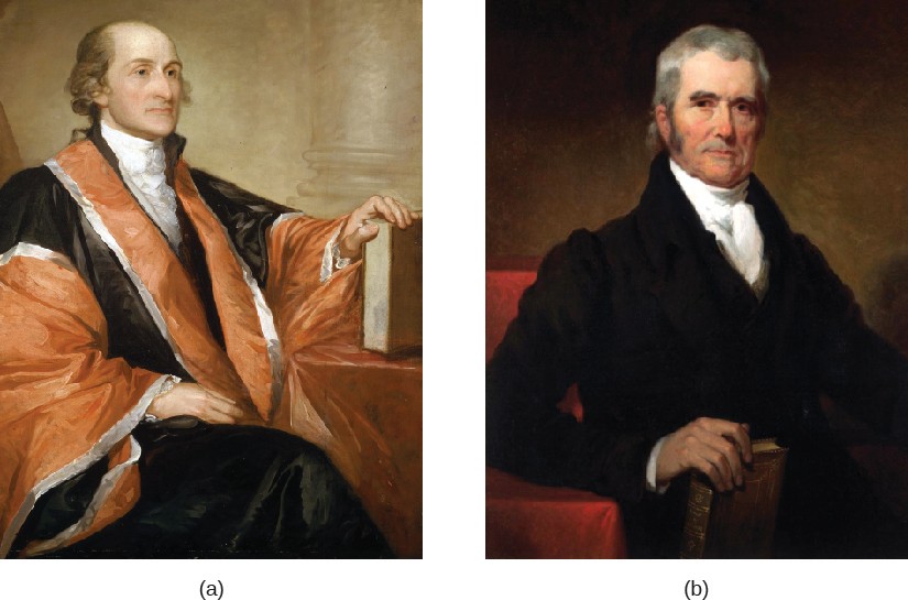 Image A is of Justice John Jay. John is seated with his left hand on a book. Image B is of Justice John Marshall. John is standing, and holds a book is his right hand.