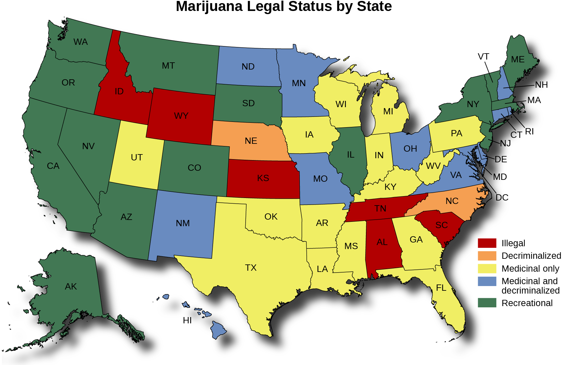 Map depicting the legal status of marijuana by state.