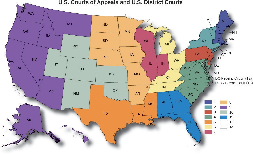 Map depicting judicial courts in the United States.
