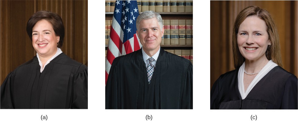 Image A is of Justice Elena Kagan. Image B is of Justice Neil Gorsuch. Image C is of Amy Coney Barrett.