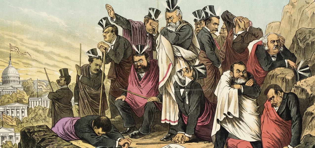 A cartoon featuring a group of dejected former bureaucrats wrapped in blankets, huddling together on a rocky cliff. The United States Capitol is visible in the distant background.