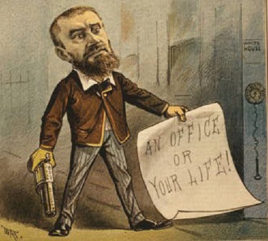 A cartoon of Charles J. Guiteau holding a pistol and a piece of paper.