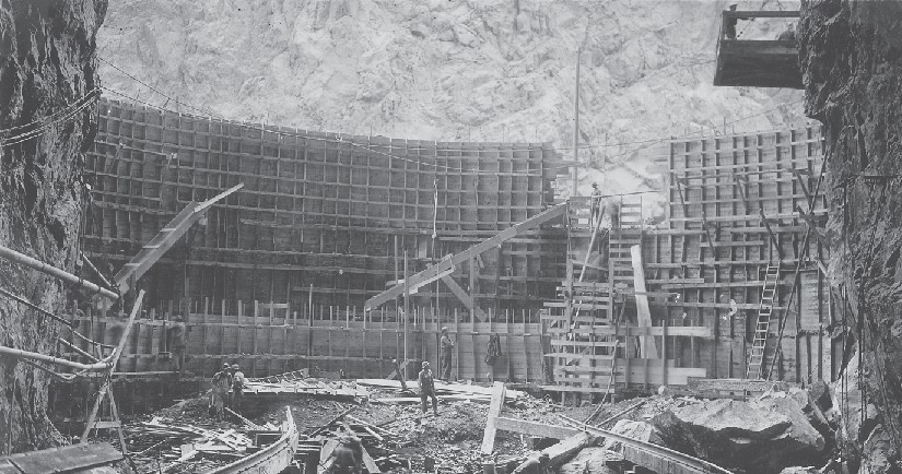 Workers constructing the Hoover Dam.