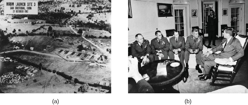 Image A is an aerial view of San Cristobal, Cuba, showing a mission launch site. Image B is of John Kennedy meeting with four pilots.