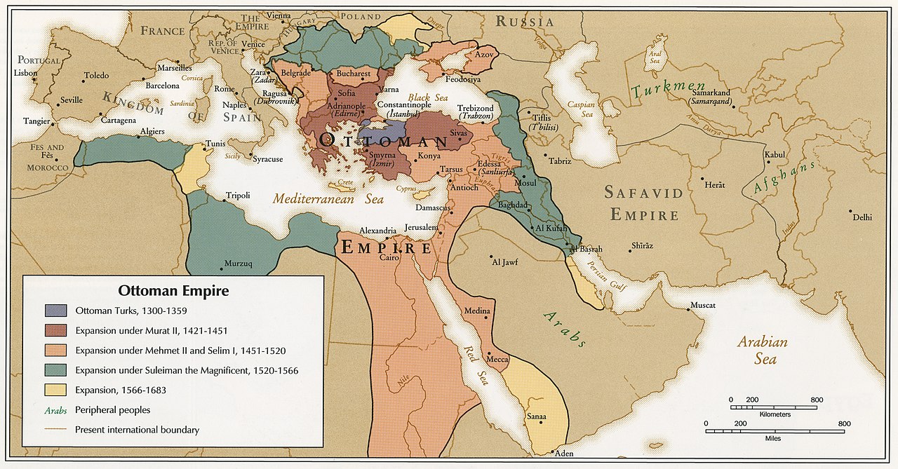 Map showing expansion of Ottoman Empire from 1300-1683 reaching into parts of Central Europe, Africa, Central Asia, and down to the Arabian Sea