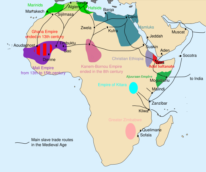 Map of the main slave trade routes in the north and east of Africa during the Medieval Age