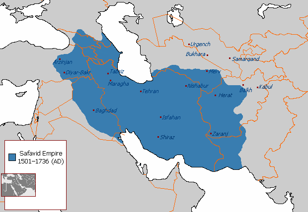 A map depicting the extent the Safavid Empire at its greatest extent under Ismail I (1501-1736)